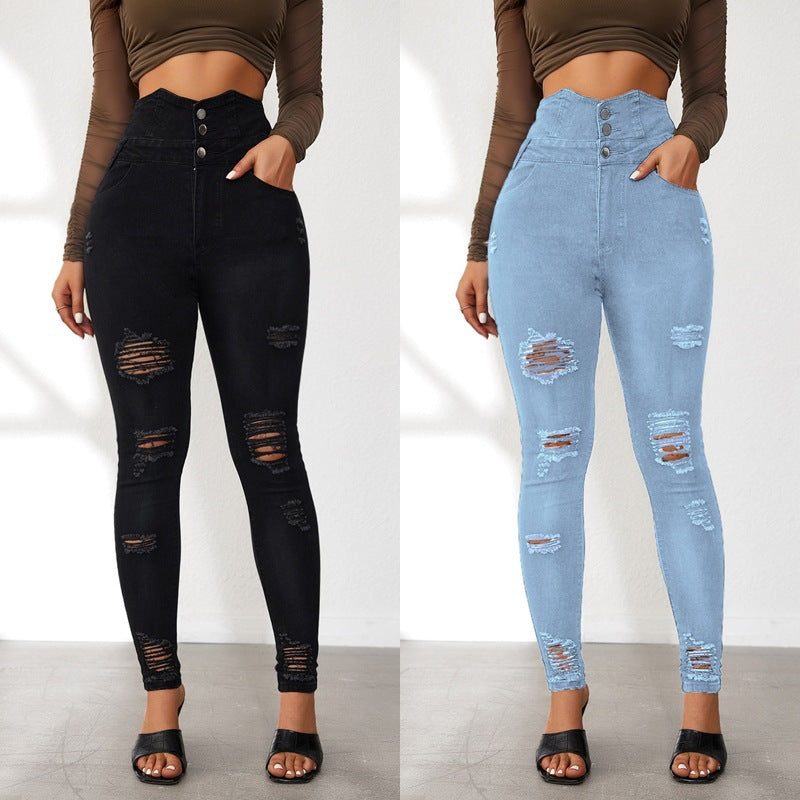 Damen Hochtaillierte Skinny Jeans mit modischen Rissen und eleganter Knopfleiste R&B