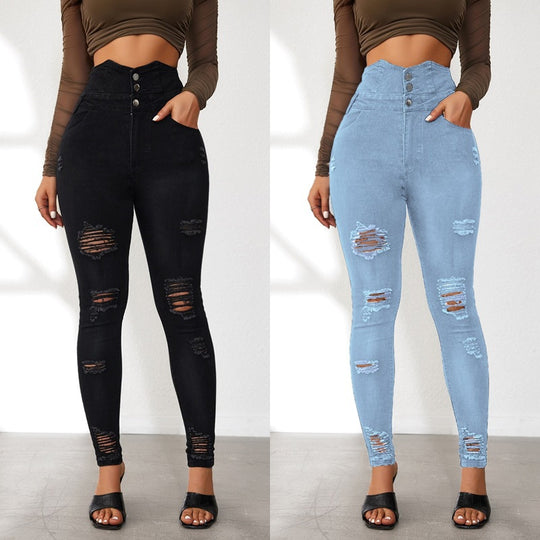 Damen Hochtaillierte Skinny Jeans mit modischen Rissen und eleganter Knopfleiste R&B