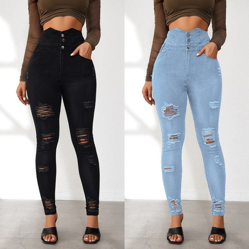 Damen Hochtaillierte Skinny Jeans mit modischen Rissen und eleganter Knopfleiste R&B