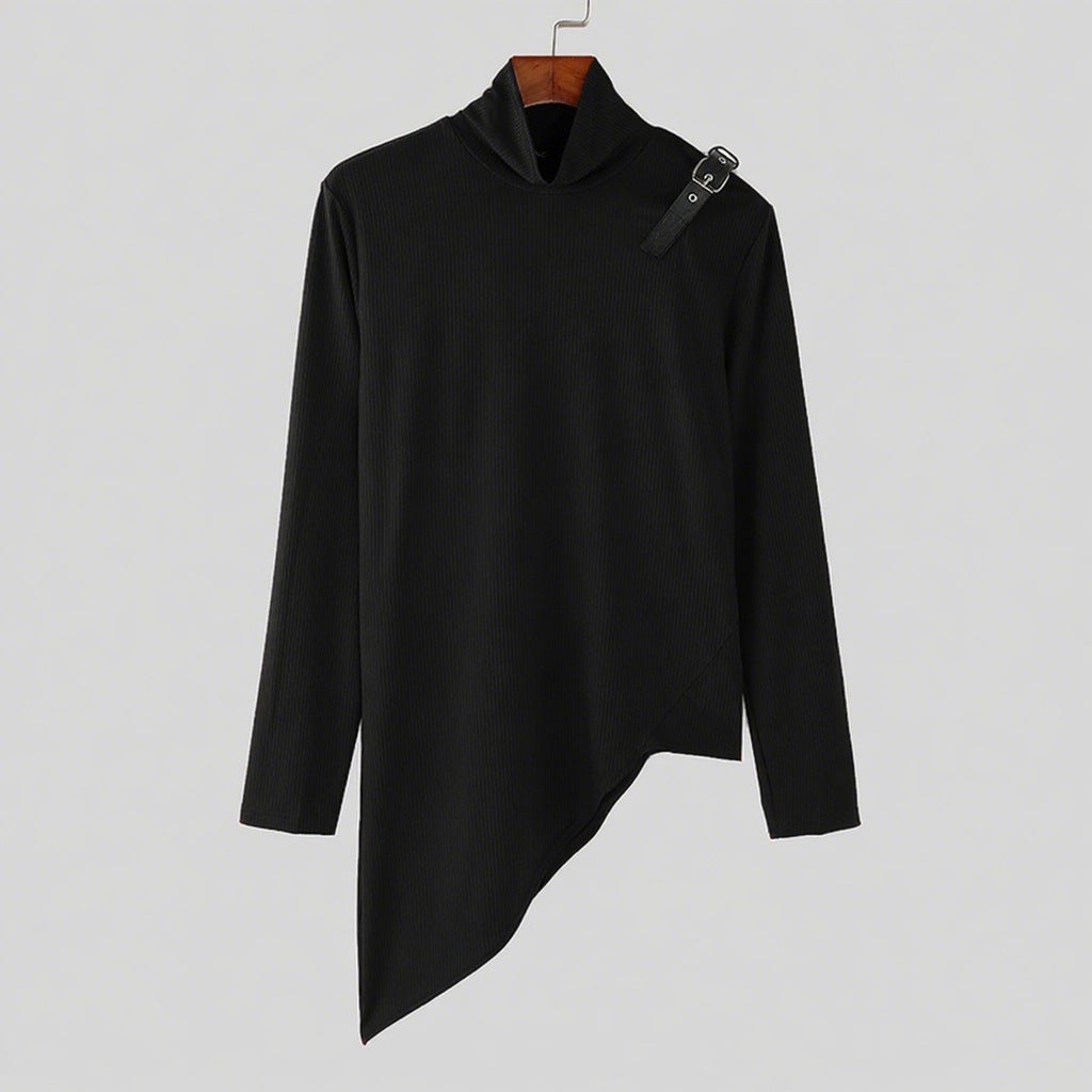 Damen nan asymmetrisches Longsleeve aus Feinstrick mit Stehkragen, diagonalem Saum und verstellbarem Schulterriemen R&B