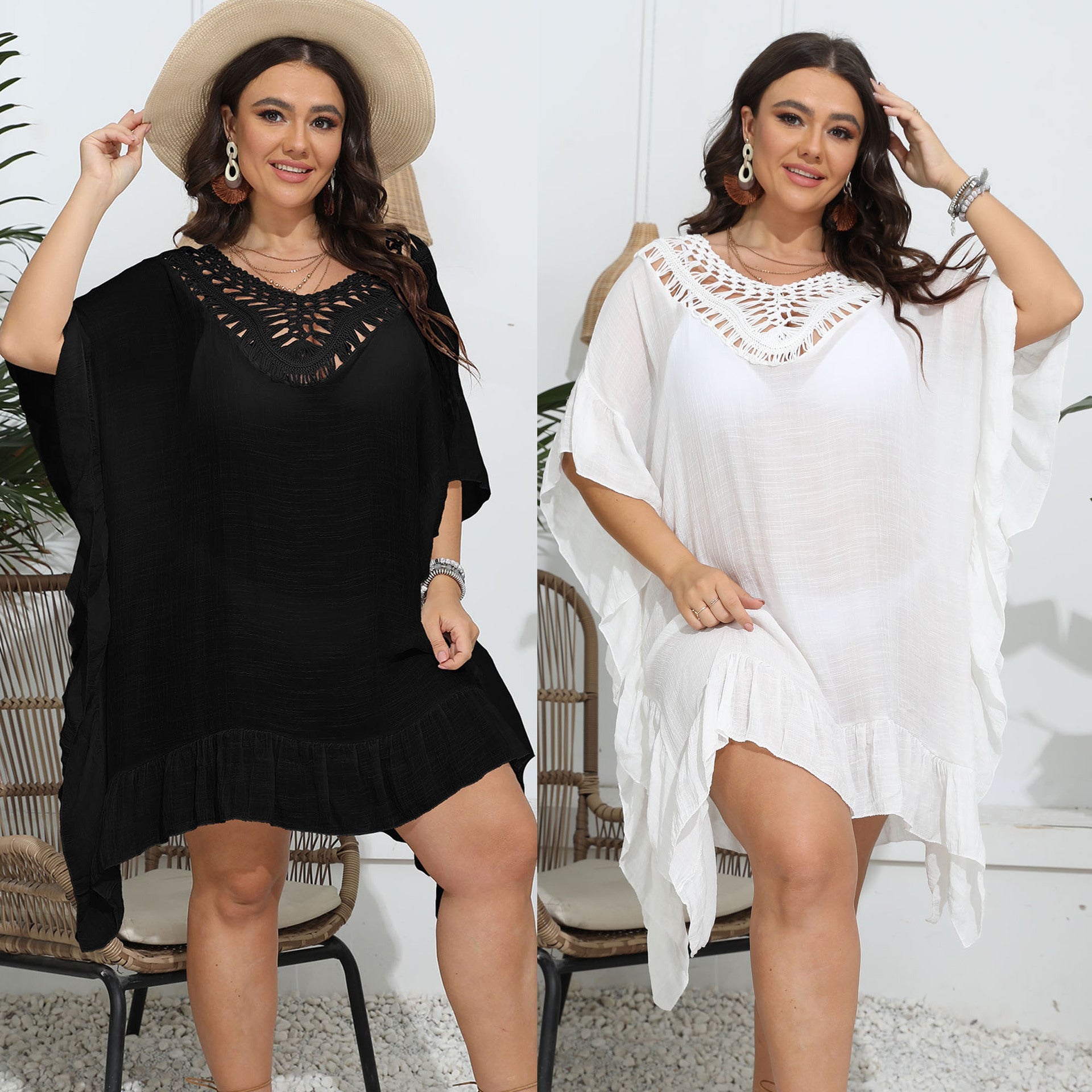 Damen luftiger Strandponcho mit gehäkeltem Ausschnitt R&B