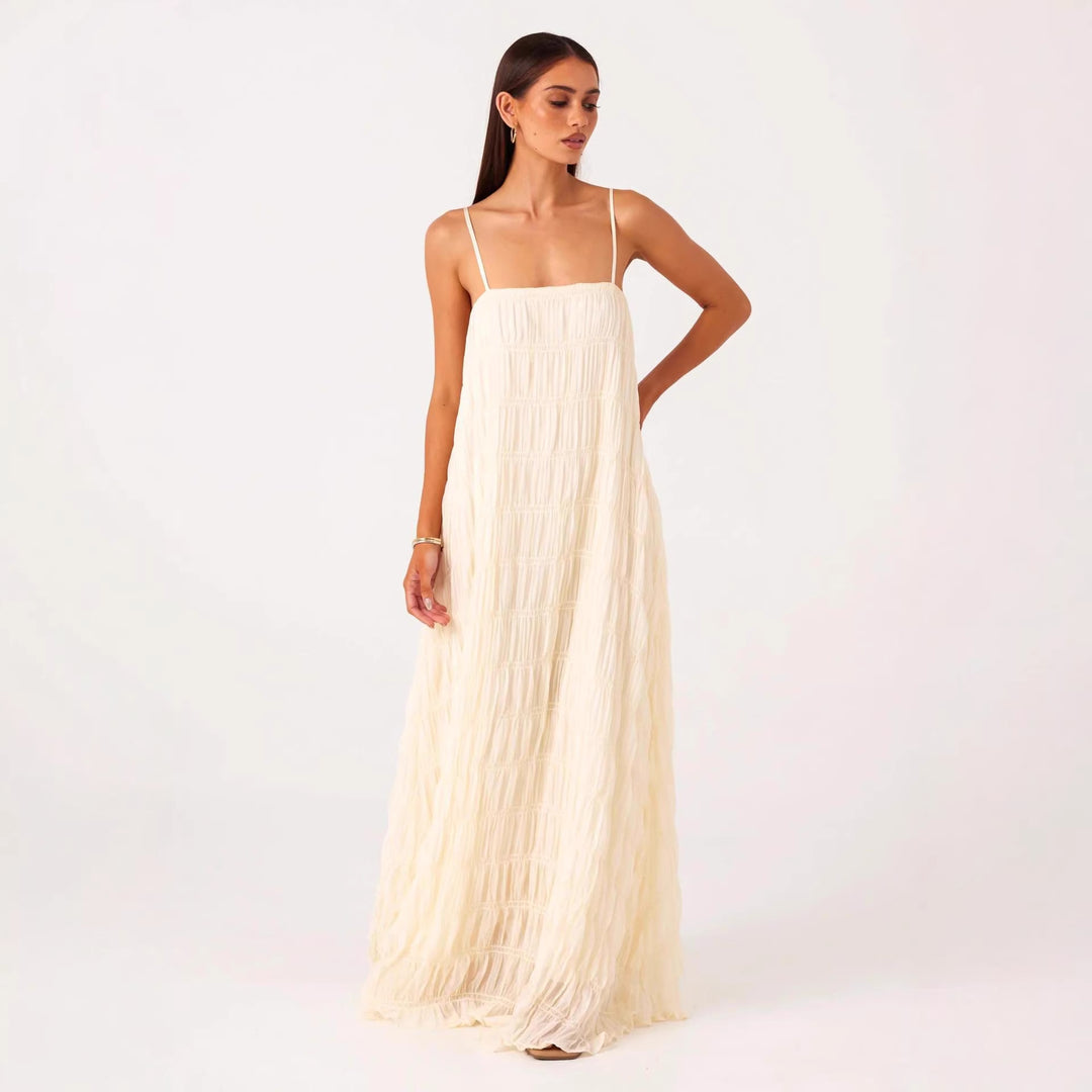 Damen Maxikleid mit romantischem Faltenstruktur und zarten Spaghettiträgern R&B