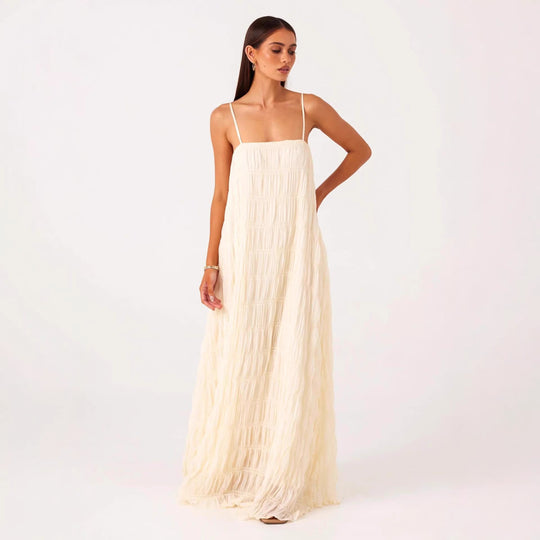 Damen Maxikleid mit romantischem Faltenstruktur und zarten Spaghettiträgern R&B