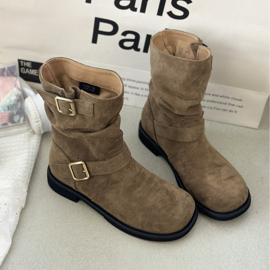 Damen modische Stiefel mit elegantem Riemen und rohem Look R&B