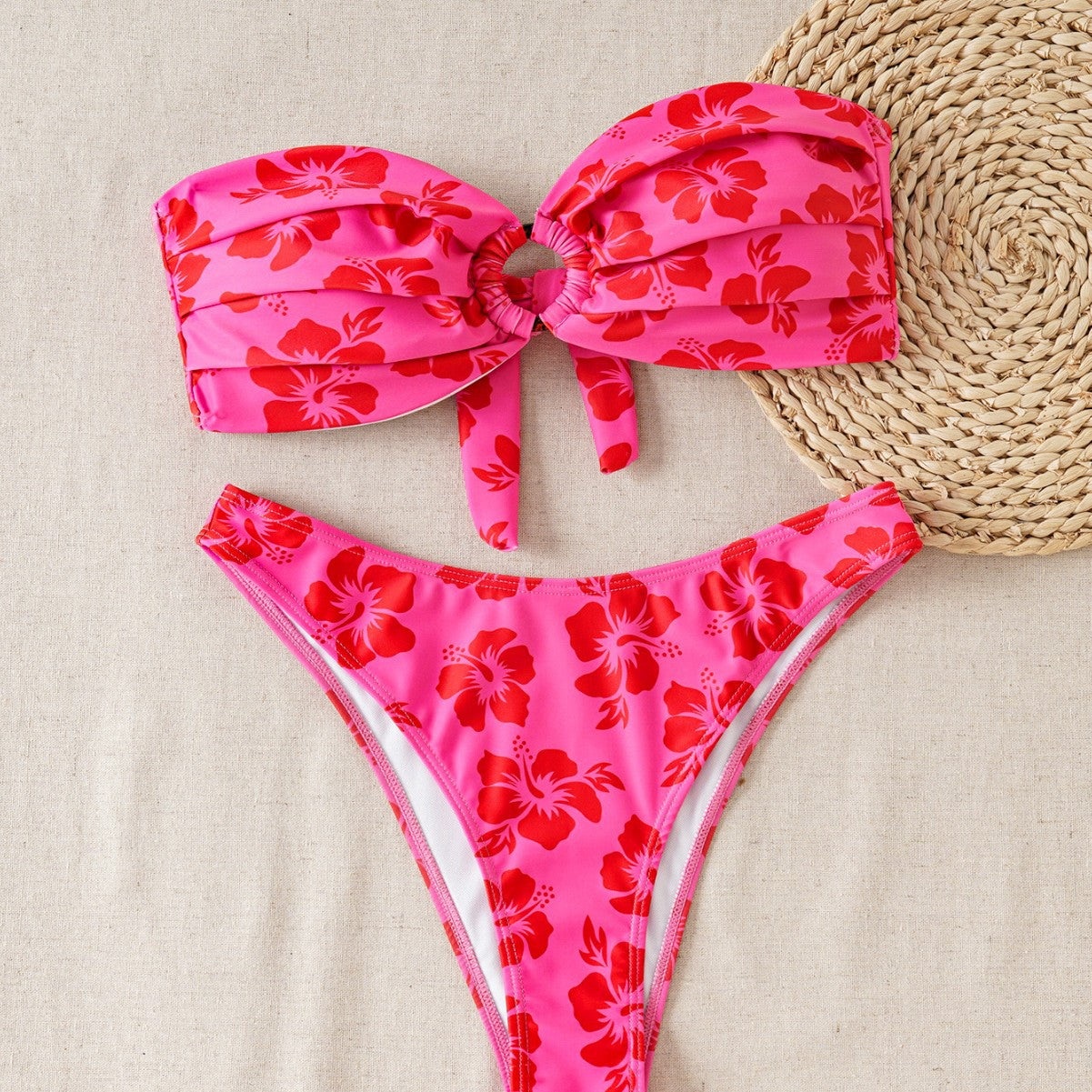 Damen Bandeau-Bikini-Set mit verziertem Knoten und floralem Muster R&B
