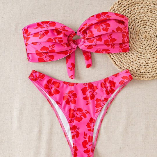 Damen Bandeau-Bikini-Set mit verziertem Knoten und floralem Muster R&B