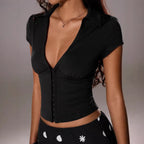 Damen Elegantes Bodysuit mit tiefem V-Ausschnitt und dekorativer Knopfleiste R&B