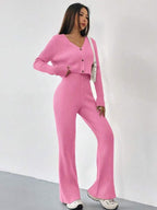 Damen Strick-Ensemble mit V-Ausschnitt und weitem Bein