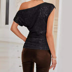 Damen Elegantes One-Shoulder Oberteil mit schimmerndem Knit-Design R&B