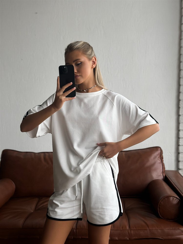 Damen lässiges Kurzarm-Set aus T-Shirt und Shorts mit Kontrastnähten R&B