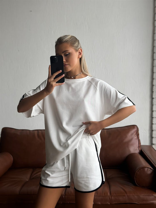 Damen lässiges Kurzarm-Set aus T-Shirt und Shorts mit Kontrastnähten R&B