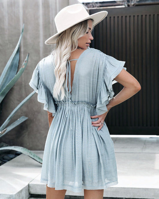 Damen lässiges V-Ausschnitt Kleid mit Rüschendetails und taillierter Silhouette R&B