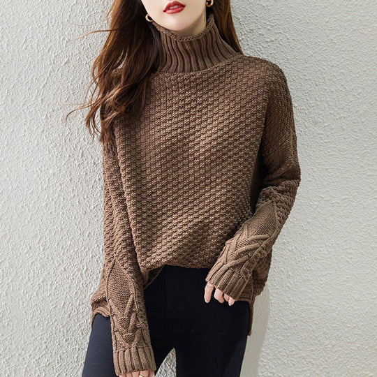 Damen Grobstrickpullover mit hohem Kragen und strukturiertem Design R&B
