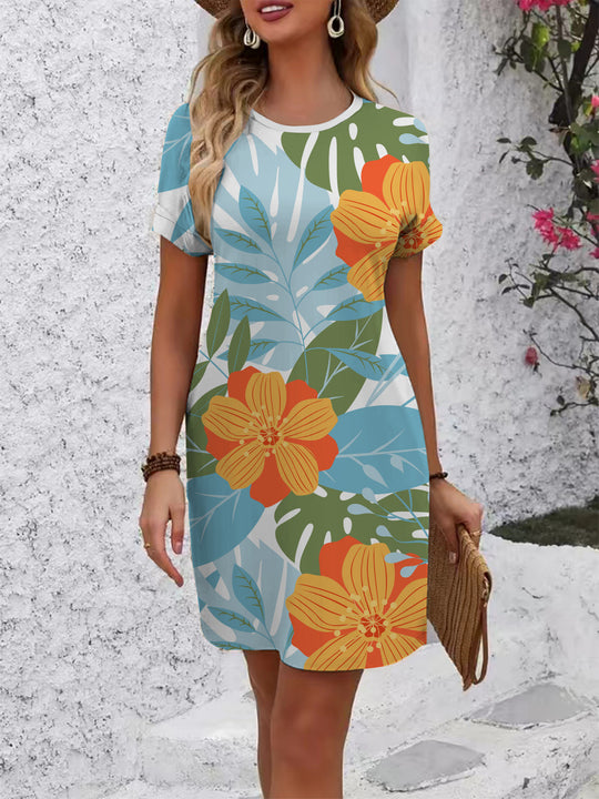 Damen lässiges Blümchenkleid mit Rundhalsausschnitt und lockerer Passform R&B