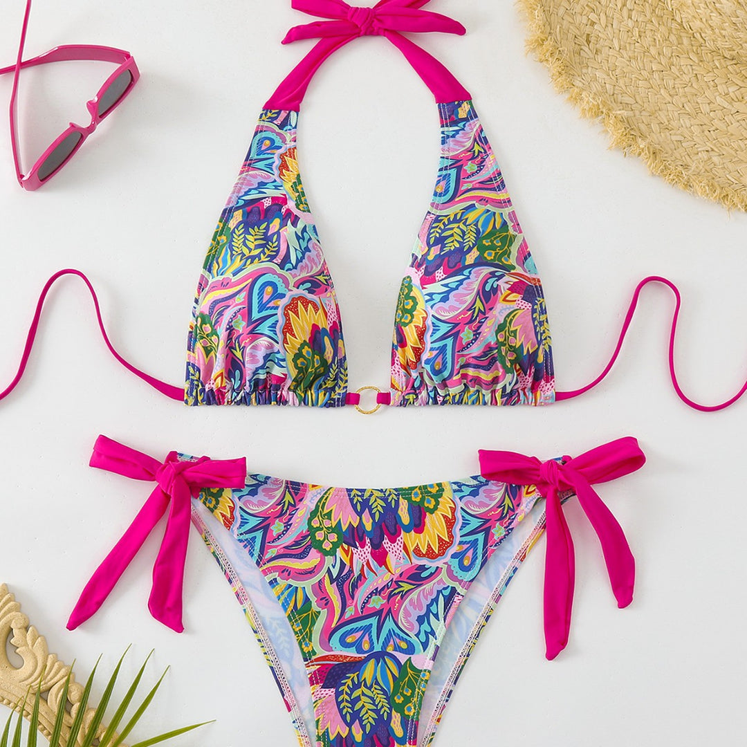 Damen Bikini-Set mit buntem Floral-Design und verstellbaren Bindebändern R&B
