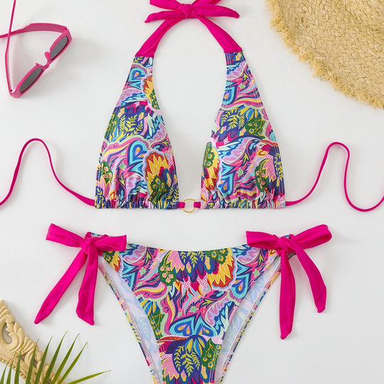 Damen Bikini-Set mit buntem Floral-Design und verstellbaren Bindebändern R&B