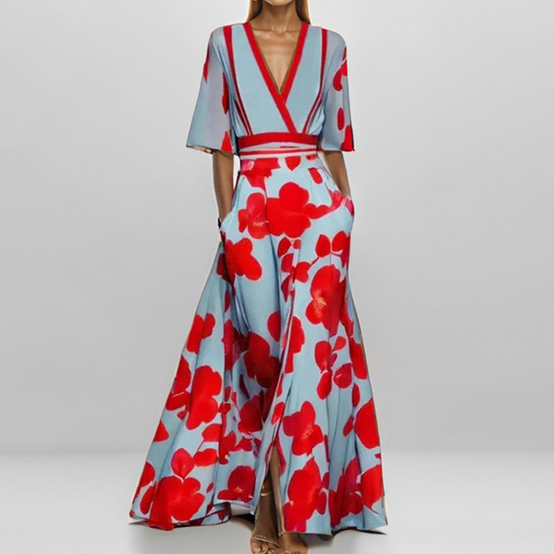 R&B | Elegantes V-Ausschnitt Bedrucktes Taillenkleid mit Schößchen