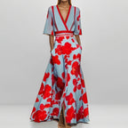 R&B | Elegantes V-Ausschnitt Bedrucktes Taillenkleid mit Schößchen