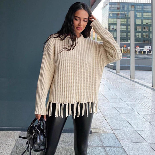 Damen lässiger Strickpullover mit Fransen und weichfallendem Material R&B