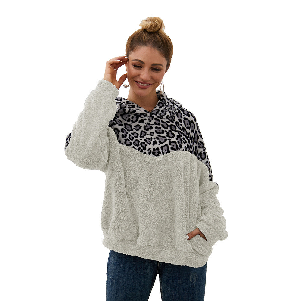 Damen Gemütlicher Teddy-Pullover mit Kapuze und Leopardenmuster R&B