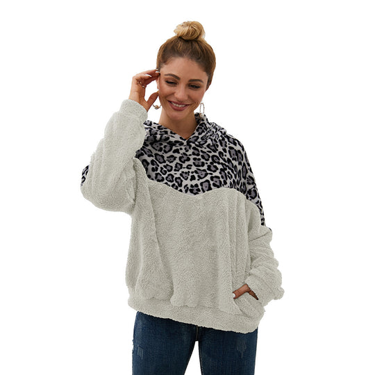 Damen Gemütlicher Teddy-Pullover mit Kapuze und Leopardenmuster R&B