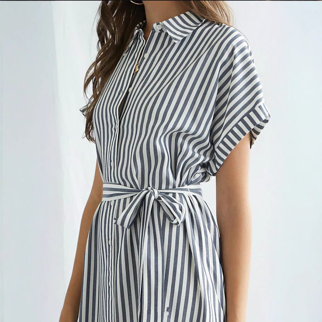Damen Hemdblusenkleid mit Taillengürtel und modischem Streifendesign R&B