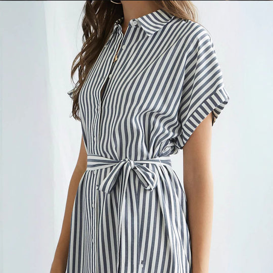 Damen Hemdblusenkleid mit Taillengürtel und modischem Streifendesign R&B