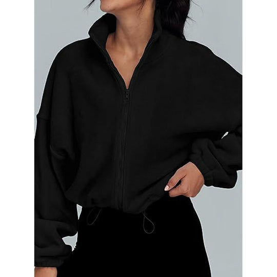 Damen trendy Oversize-Zip-Pullover mit hohem Kragen und Kordelzug R&B