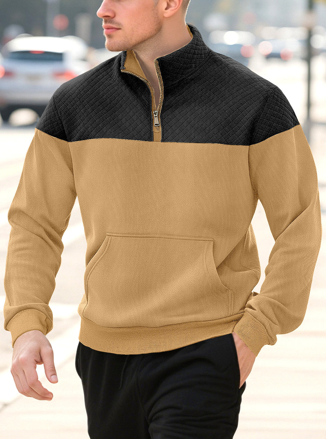 Herren nan Halbzip-Sweatshirt mit gesteppter Schulterpartie Kängurutasche und gerippten Bündchen R&B