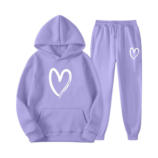 Damen Sweatsuit mit Kängurutasche und herzförmigem Print R&B