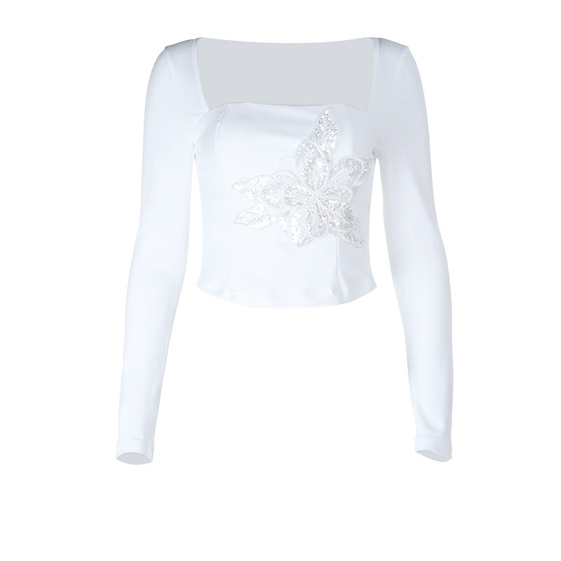 Damen Elegantes Langarmoberteil mit floralem Spitzenapplikation R&B