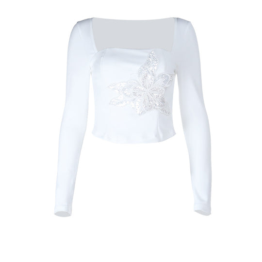 Damen Elegantes Langarmoberteil mit floralem Spitzenapplikation R&B