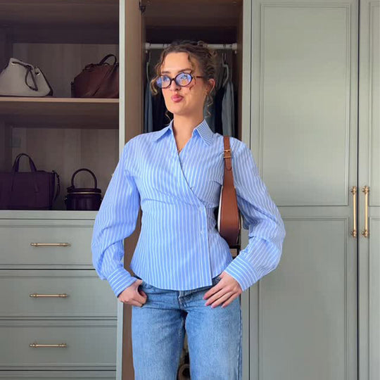 Damen elegante Wickelbluse mit einem modernen Streifenmuster R&B