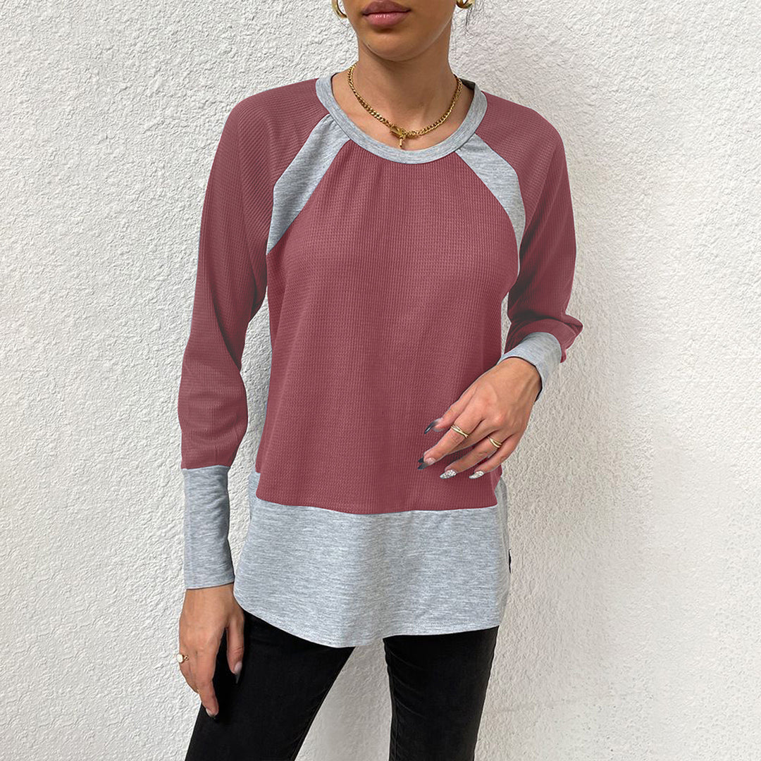 Damen lässiges Langarmshirt mit Waffle-Struktur und Kontrastärmeln R&B