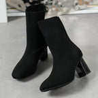 Damen Strickstiefeletten mit transparentem Blockabsatz und elastischem Schaft R&B