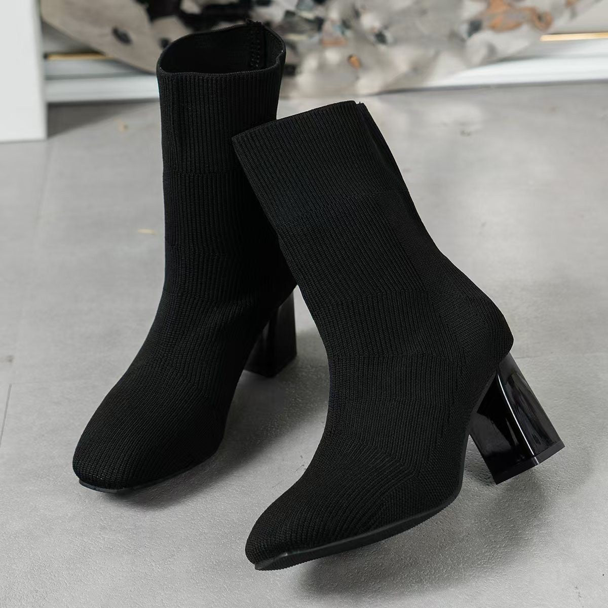 Damen Strickstiefeletten mit transparentem Blockabsatz und elastischem Schaft R&B