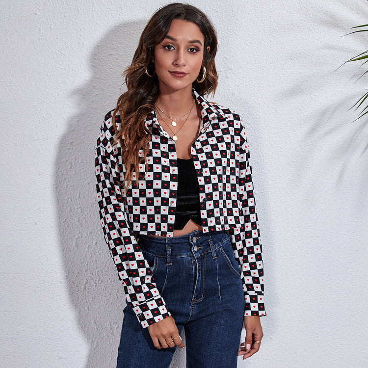 Damen Modische Karokbluse mit Herzen und cropped Schnitt R&B