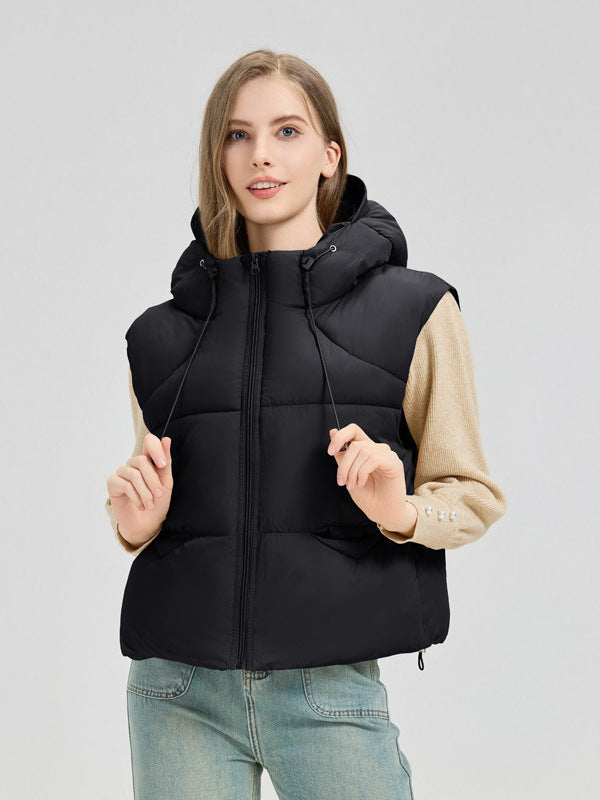 Damen gesteppte Weste mit abnehmbarer Kapuze und seitlichen Eingrifftaschen R&B