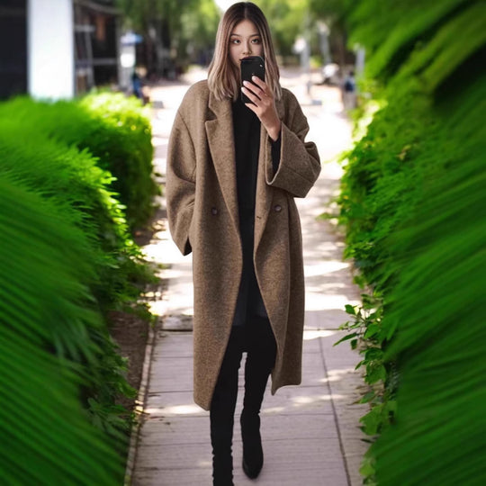 Damen Oversized Wollmantel mit doppelt-knöpfigem Design und lässigem Schnitt R&B