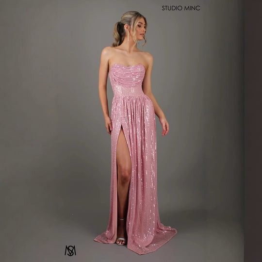 Damen Glitzerndes und schulterfreies Abendkleid mit tiefem Schlitz R&B