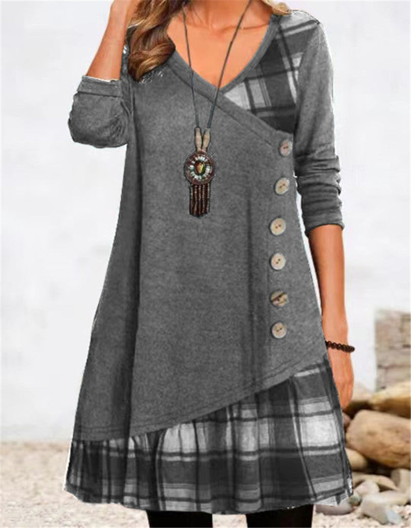 Damen asymmetrisches Freizeitkleid mit kariertem Saum und Knopfdetail R&B