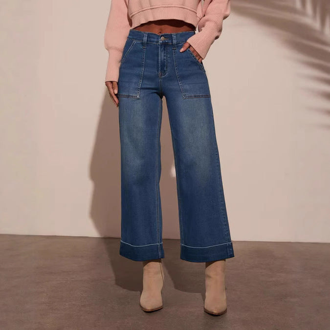 Damen weit geschnittene Denim-Hose mit hohem Bund R&B