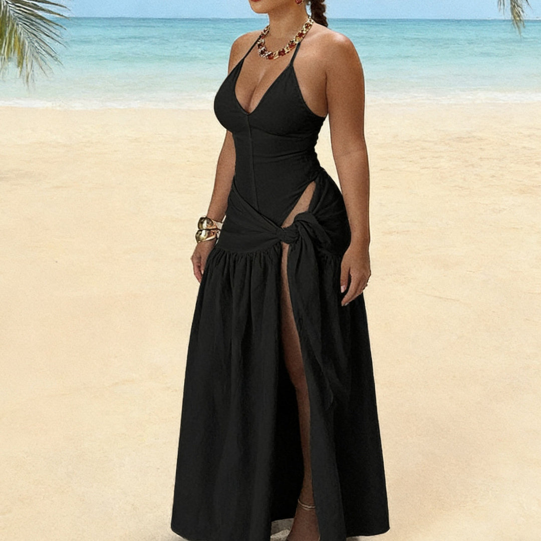 Damen Maxikleid mit knackigem V-Ausschnitt und verspielten Drapierungen R&B