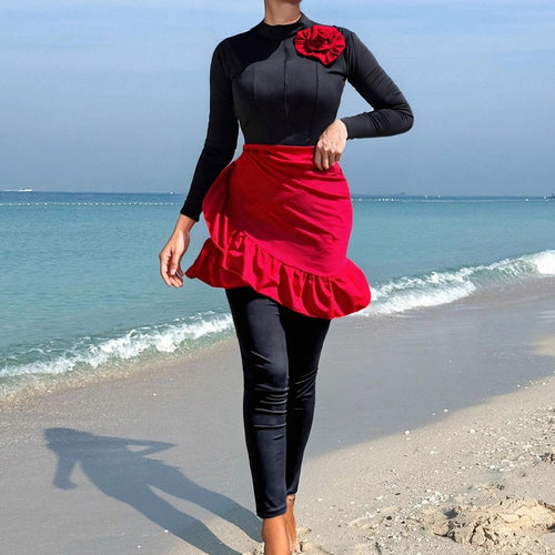 Damen Modischer Badeanzug mit Rock und Langarm R&B