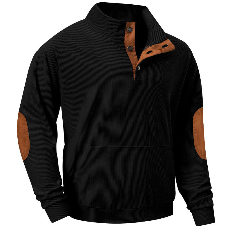 Herren nan geripptes Stehkragen-Sweatshirt mit Knopfleiste, Kängurutasche und Velours-Ellenbogenbesatz R&B