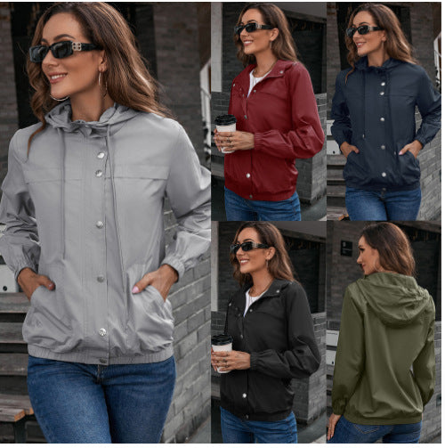 Damen Windbreaker Jacke mit verstellbarem Kapuzenkragen und seitlichen Taschen R&B