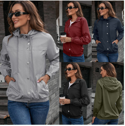 Damen Windbreaker Jacke mit verstellbarem Kapuzenkragen und seitlichen Taschen R&B
