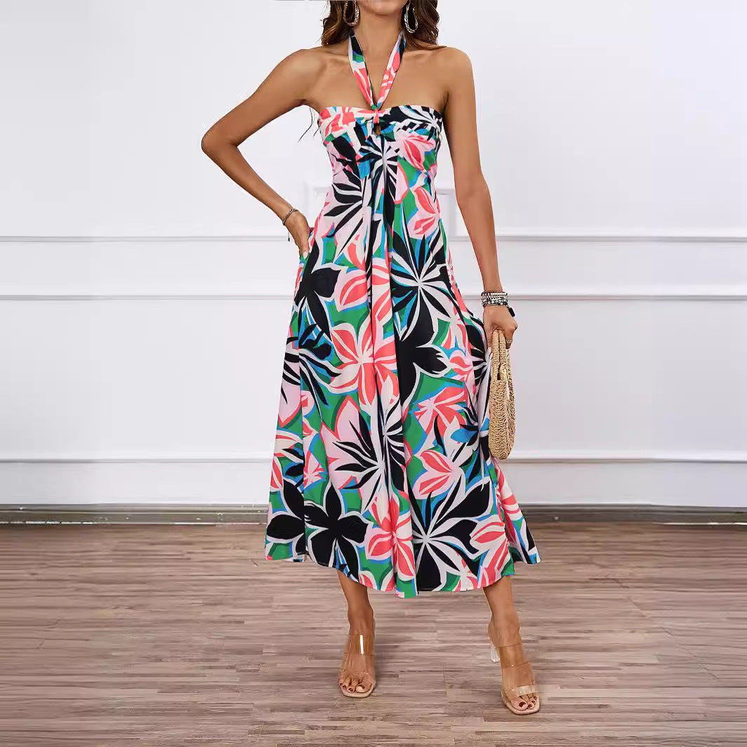 Damen Maxi-Bustierkleid mit floralen Akzenten und elastischem Oberteil R&B