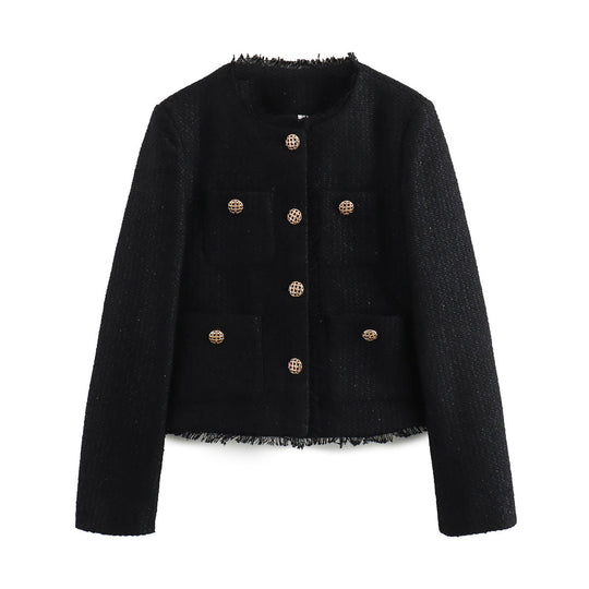 Damen elegante Tweed-Jacke mit Fransen und dekorativen Knöpfen R&B