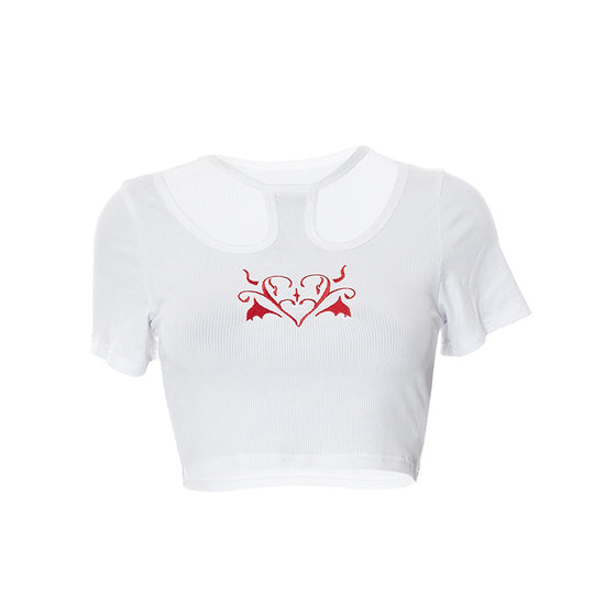 Damen Crop-Top mit kreativem Cut-Out und gesticktem Herzdesign R&B